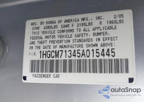 2005 Honda Accord 2.4 Lx z USA, uszkodzony, nr VIN 1HGCM71345A015445